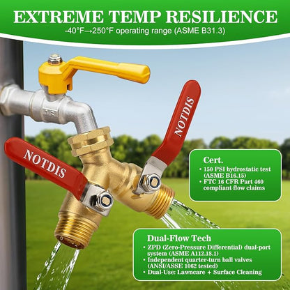 Hose Splitter 2 Way Heavy Duty Brass Garden Hose Splitter with 304 Stainless Steel Long Handle Outdoor Full Flow Hose Splitter Connector,Y Valve 3/4 Inch GHT Thread
