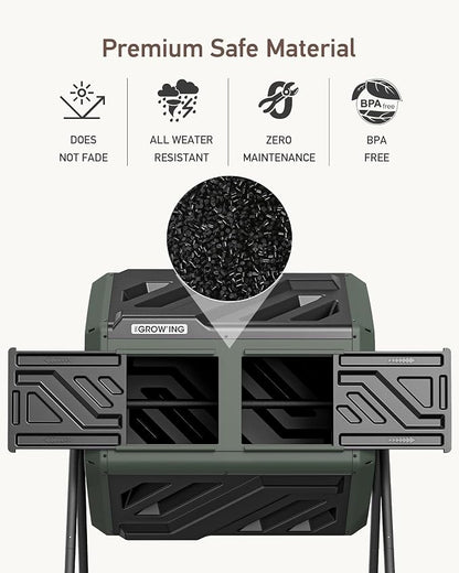 THE Growing 43 Gal Outdoor Compost Bin Tumbler for Backyard Garden, Green | Twin 21.5gal chambers match garden lawns. Pre-embedded nuts for fast setup. Durable resin deters pests and strong odors.