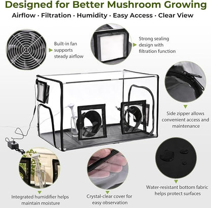 Premium Mushroom Growing Tent Kit with Humidifier & Fan – Desktop Indoor Greenhouse with Filtered Airflow – Ultra-Clear Wrinkle-Free Window for Plant Cultivation