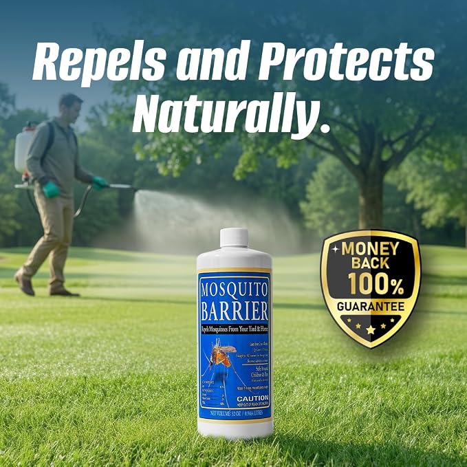 Mosquito Barrier Liquid Garlic Mosquito Repellent Concentrate, 32 fl oz – Professional Outdoor Treatment for Lawns, Landscapes & Perimeter Areas – Yard & Home Mosquito Protection