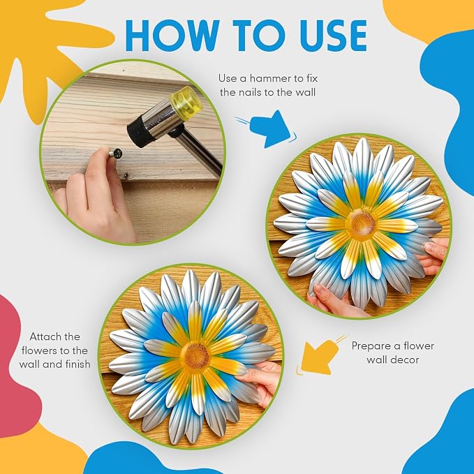 Zhehao 6 Pcs Metal Flower Wall Art Decor 10 Inch Sunflower Wall Decorations Hanging Outdoor Art Multicolored Handmade Metal Flowers Outdoor Decor (Vivid Color)