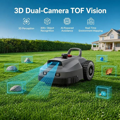 Robot Lawn Mower, Wire-Free Robotic Mower for 0.99 Acres, No Perimeter Wire, Auto-Mapping, RTK + AI 3D Vision Navigation, 300+ Object Avoidance, 57% Slope, IP66 Automatic Grass Cutter