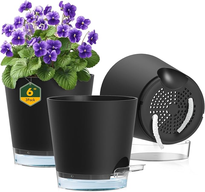 Meowell 6 inch Self Watering Pots for Indoor Outdoor Plants, 3 Pack Flower Plant Pots with Drainage Holes and Clear Reservoirs, Visible Water Level, Plastic Planters with Wicking Rope, Black
