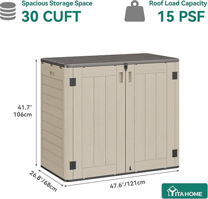 YITAHOME 30 cuft Outdoor Storage Shed w/o Shelf, Horizontal Storage Cabinet for Garden Tool, Waterproof Storage Shed Plastic for Garage, Resin Pool Storage, Easy to Assemble, Khaki & Brown