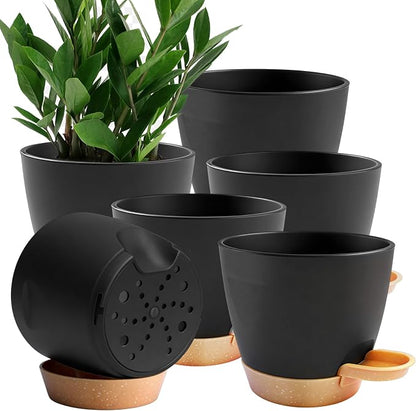 Self Watering Plant Pots with Drainage & Saucers, 6-Pack 7 in - Plastic Flower Pots for Indoor Plants, Succulents & Herbs, Planters for Indoor Outdoor & Balcony (Black)