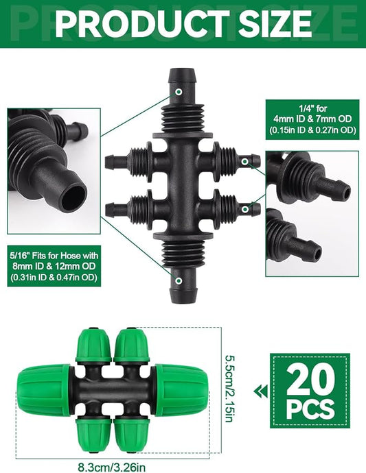 Kalolary 20PCS Locked Barbed Tee Connectors, 5/16" to 1/4" Drip Irrigation Fittings Kit 8/12mm to 4/7mm Tube Lock Female Connector 6-Way Barbed Lock Irrigation Parts for Watering System (Green)