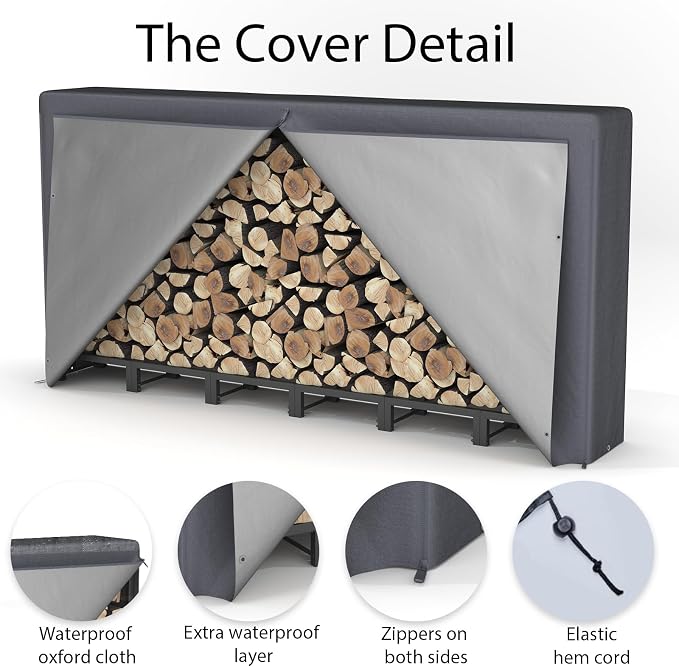 8FT Firewood Rack Outdoor with Cover, Heavy Duty Wood Holder with Log Carrier, Adjustable & Waterproof Log Holder Wood Storage Stand for Fireplace Patio Outdoor, Black