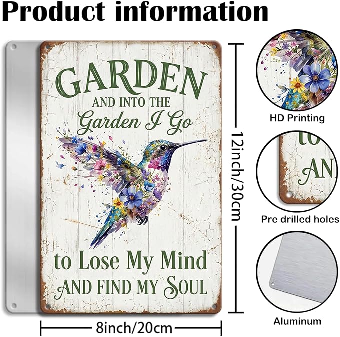 Garden Decor Sign Into the Garden I Go Hummingbird Wall Art | Garden Enthusiasts • Patio Porch Display • Garden Theme • Floral Hummingbird Design • UV Printed • 8x12 Inch