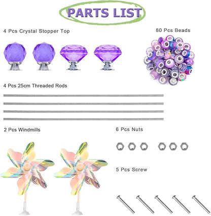 101 PCS Beaded Garden Stakes Kit, DIY Fairy Wand Garden Stake Beads Kits with Purple Large Hole Beads 4 Crystal Stopper Top Threaded Rods and 2 Colored Small Windmills for Outdoor Indoor Decor
