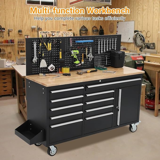 PeakPursuit 61" Rolling Tool Chest with 10 Drawers, Workbench Cabinet with Power Strip, Solid Rubber Wood Top, Pegboard, 1675 LBS Load, Mobile Heavy Duty Garage Storage, Locking Wheels, Black