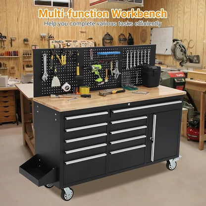PeakPursuit 61" Rolling Tool Chest with 10 Drawers, Workbench Cabinet with Power Strip, Solid Rubber Wood Top, Pegboard, 1675 LBS Load, Mobile Heavy Duty Garage Storage, Locking Wheels, Black