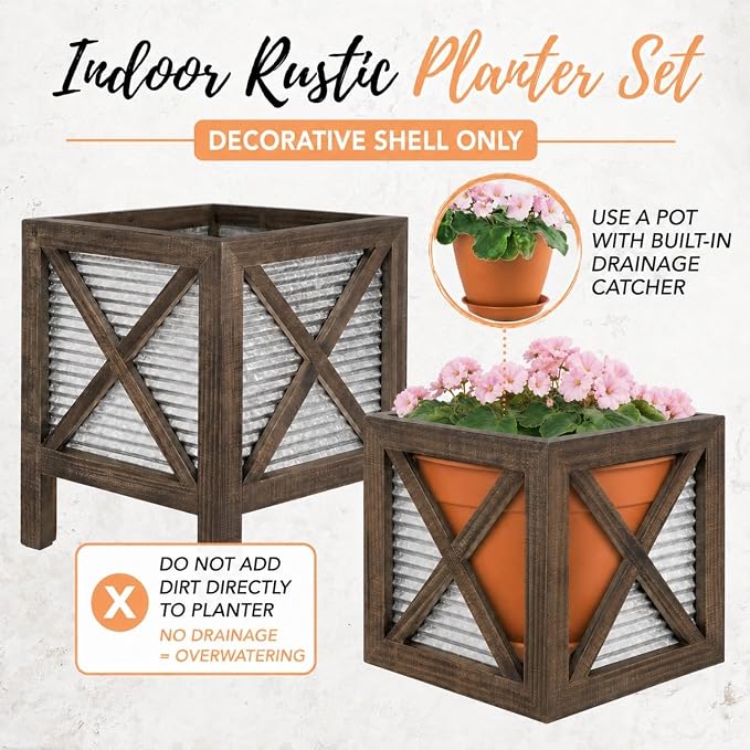 Autumn Alley Front Porch Planters Set of 2, 15.7" & 10.2", Wood & Metal | Tabletop scale for steps &entryways, Galvanized corrugated metal, X-brace wood frame, Holds a standard nursery pot
