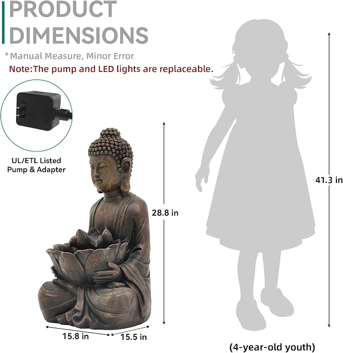 29" Zen Meditating Buddha Statue Outdoor Fountain with LED Lights | Zen Style Water Feature with Resin Lotus Soothing Cascading Waterfall for Patio, Backyard, Garden or Porch