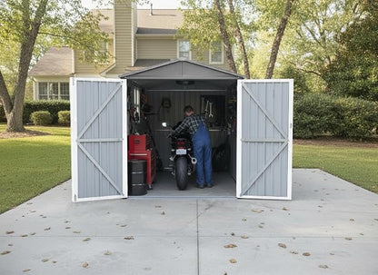 Outdoor Metal Storage Shed with Window,10x6.64 FT Motorcycle Storage Shed, Waterproof Heavy Duty Outdoor Storage for Garden Tools Sports Equipment,No Tracks & Fixtures,Grey+White