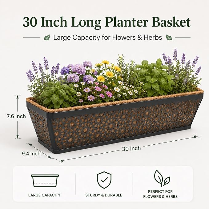 Halatool Railing Deck Balcony Planter Window Boxes, 2 Pack 30 Inch Metal Heavy Duty Planter Boxes with Coco Liner for Windowsill Fence Porch Patio Lawn Outdoor