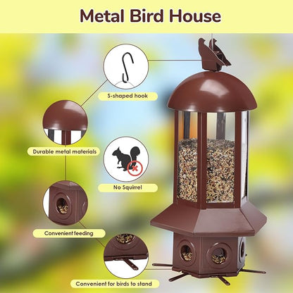Squirrel Proof Bird Feeders, 5lbs Heavy Duty Metal (Brown) | Weight-activated mechanism bird feeders for outdoors, 6 Chew-proof feeding ports