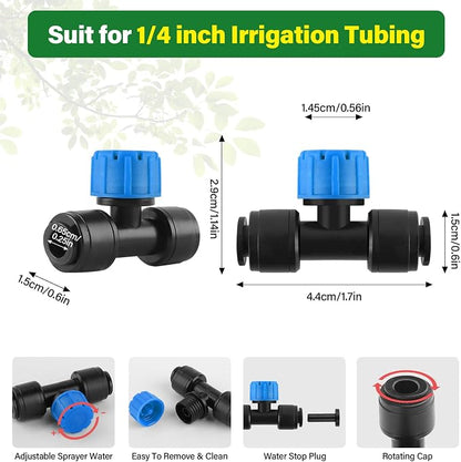 Kalolary 30Pcs Push-to-Fit Drip Irrigation Emitters for 1/4 inch Tubing, Adjustable Drip Emitter Sprayer with 8 Holes Irrigation Dripper Sprinklers with 6PCS End Plugs for Irrigation System(Blue)