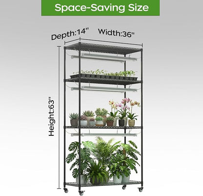 Plant Stand with Grow Lights, Indoor Plant Shelf with Wheels | 36"x14"x63" sturdy Metal Plant Shelving, 6 full-spectrum Grow Light, Timer, Thermometer for herbs, seed starting, propagation