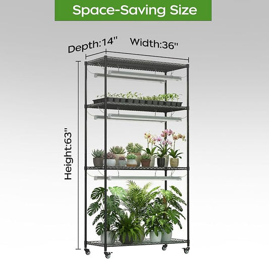 Plant Stand with Grow Lights, Indoor Plant Shelf with Wheels | 36"x14"x63" sturdy Metal Plant Shelving, 6 full-spectrum Grow Light, Timer, Thermometer for herbs, seed starting, propagation