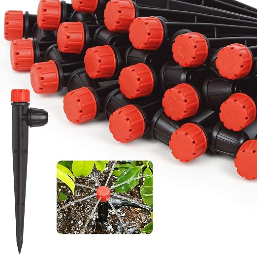 50pcs Drip Irrigation Emitters with Lock Barbed Drip Emitters for 1/4" Drip Irrigation Tubing 360 Degree Water Flow Adjustable Irrigation Drippers Drip Irrigation Heads for Garden Plants Flower