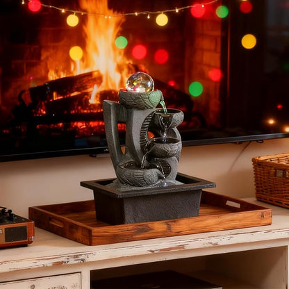Indoor Tabletop Waterfall Fountain with Spining Orb for Home Office Desk, Gray Rock Resin Zen Water Feature with Soothing Sound for Relaxation & Meditation