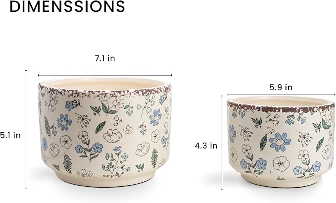 Ice Crack Plant Pots with Drainage, 6 & 7 inch Ceramic Planters for Indoor Outdoor Plants, Set of 2 Vintage Flower Pots, Rustic Tuscan Decor for Gardening, Kitchen Bedroom, Blue & Beige