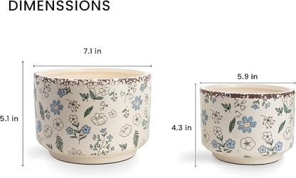 Ice Crack Plant Pots with Drainage, 6 & 7 inch Ceramic Planters for Indoor Outdoor Plants, Set of 2 Vintage Flower Pots, Rustic Tuscan Decor for Gardening, Kitchen Bedroom, Blue & Beige