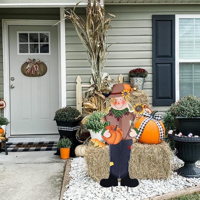 YEAHOME Fall Decorations Outdoor, Metal Boy Scarecrow Garden Stakes with Pumpkin & Sunflower for Fall Decor, Scarecrow Yard Signs for Outside Garden Lawn Porch Thanksgiving Decorations Outdoor