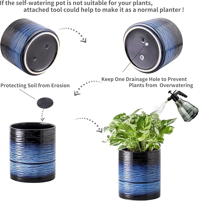 Nihow Ceramic Self Watering Plant Pot for Indoor Plants, 6 Inch,Blue | Planter with Cotton Wick, Drainage Hole & Water Storage Plus, Cylinder Round Flower Pot, For Succulent/Herbs/Violets