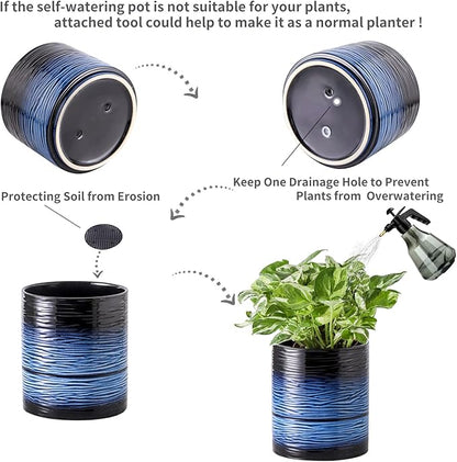 Nihow Ceramic Self Watering Plant Pot for Indoor Plants, 6 Inch,Blue | Planter with Cotton Wick, Drainage Hole & Water Storage Plus, Cylinder Round Flower Pot, For Succulent/Herbs/Violets