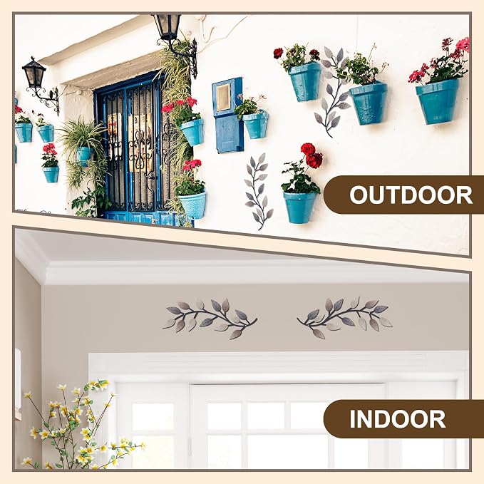 Zhengmy 2 Pieces Metal Tree Leaf Wall Decor Vine Olive Branch Leaf Wall Art Living Room, Hallway Wall Decor Outdoor Decoration(Vintage Brown)