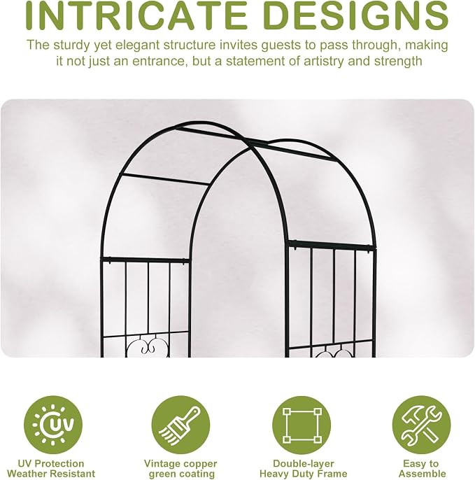 Outvita 7.3FT Black Metal Garden Arch Arbor Trellis for Climbing Plants | Heavy duty decorative archway with ground stakes, outdoor vine support decor for lawn, patio, wedding & party decoration