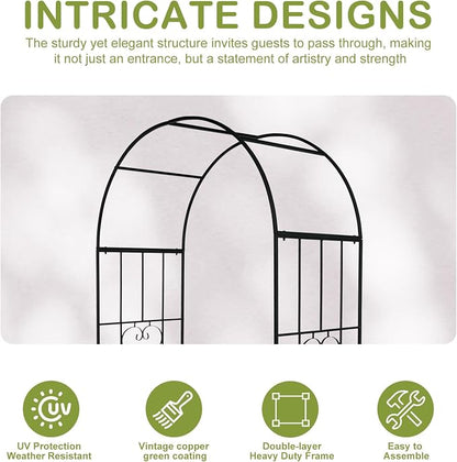 Outvita 7.3FT Black Metal Garden Arch Arbor Trellis for Climbing Plants | Heavy duty decorative archway with ground stakes, outdoor vine support decor for lawn, patio, wedding & party decoration
