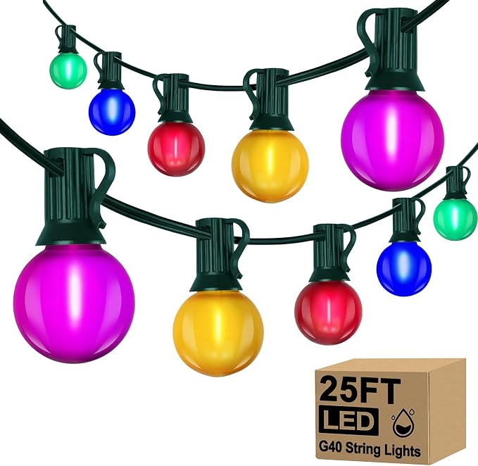 G40 LED Outdoor Christmas String Lights, 25FT Hanging Globe String Light | 25+2 Shatterproof Frosted Multicolor Lights, Connectable, Waterproof Patio Lights for Balcony Pergola Decor, Green Wire