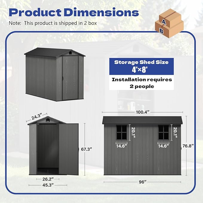 Greesum 4x8FT Plastic Storage Shed with Floor, Resin Outdoor Storaged Sheds with Lockable Door, All Weather Durable Tool Shed with Window and Vent for Yard, Patio, Garden, Dark Gray