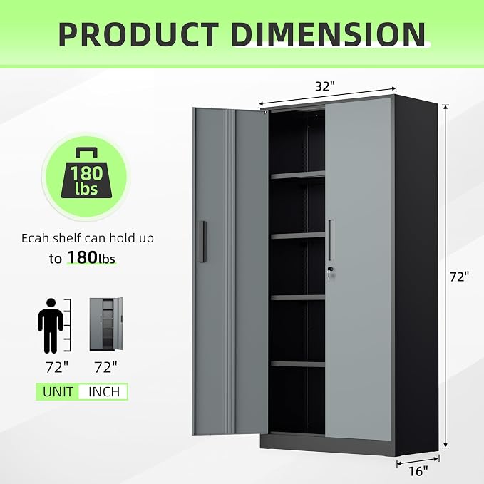 INTERGREAT Metal Storage Cabinet, 72" Locking Steel Cabinets with 2 Door and 4 Adjustable Shelves, Tall Metal Cabinet for Home Office, Garage, Warehouse,(Black+Grey)