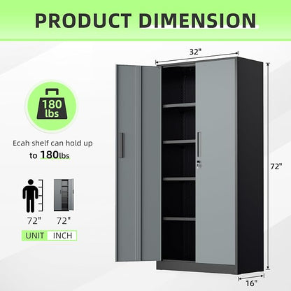 INTERGREAT Metal Storage Cabinet, 72" Locking Steel Cabinets with 2 Door and 4 Adjustable Shelves, Tall Metal Cabinet for Home Office, Garage, Warehouse,(Black+Grey)