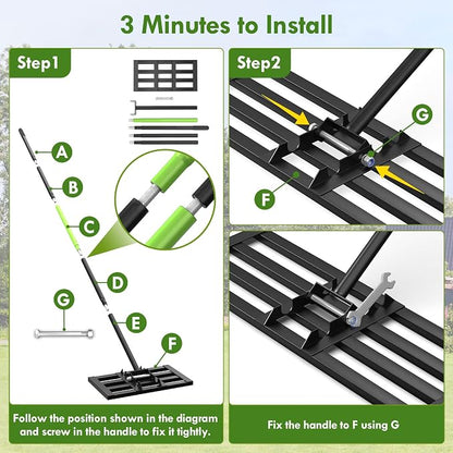 Seeutek Lawn Leveling Rake, 17” x 10” Ground Leveler | with 6.5FT Alloy Steel Handle Rakes for Lawns, 0-180° Adjustable Ground Leveler Tool for Yard, Level Soil Sand Dirt Surfaces