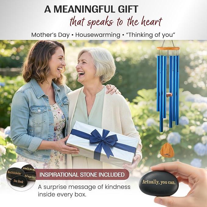 Blue Wind Chimes for Outside Deep Tone, 41 Inch Hand Tuned B Major Pentatonic Alto Wind Chime with Decorative Kindness Stone, Outdoor Garden Patio Porch Decor, Meaningful Sympathy Memorial Gift