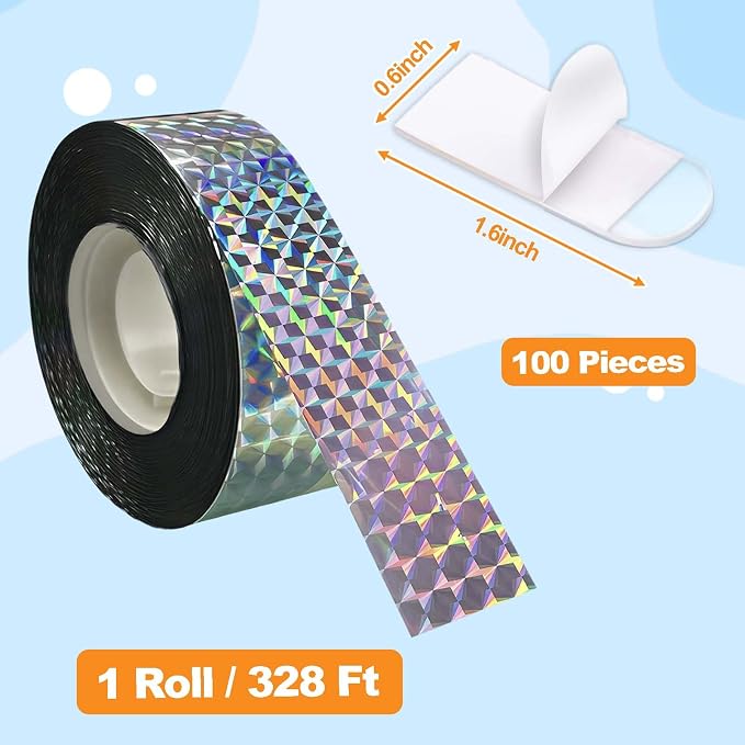 Bird Scare Reflective Tape 328feet Double-Sided Bird Scare Tape with 100PCS Adhesive Tapes Swallow Shield Reflective Ribbon Tape to Repelling Sparrows, Woodpeckers for Gardens, Farms, Orchards