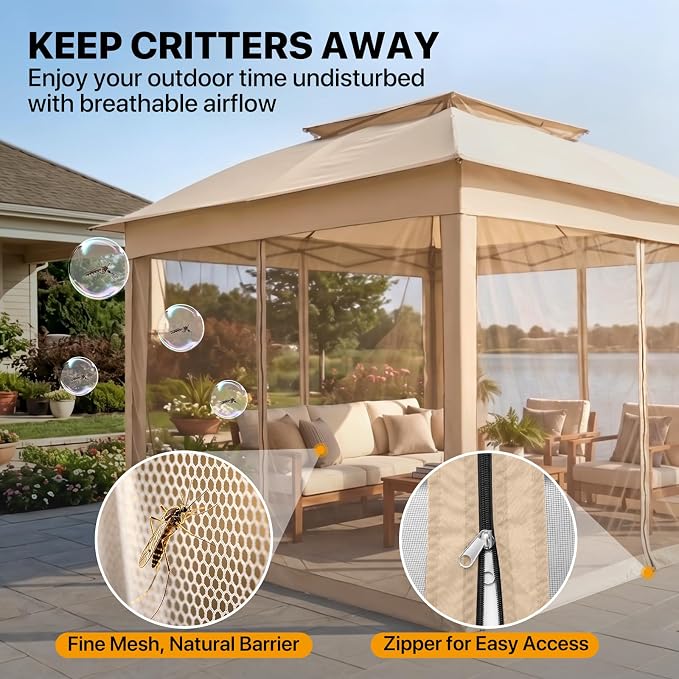 COOS BAY 11x11 Pop Up Gazebo with Mesh Netting, Instant Outdoor Canopy Tent, Water Resistant Shelter with UPF 50+ UV Protection, 121 Sq Ft Coverage, Khaki