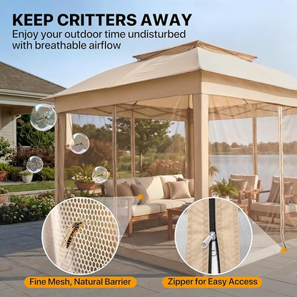 COOS BAY 11x11 Pop Up Gazebo with Mesh Netting, Instant Outdoor Canopy Tent, Water Resistant Shelter with UPF 50+ UV Protection, 121 Sq Ft Coverage, Khaki