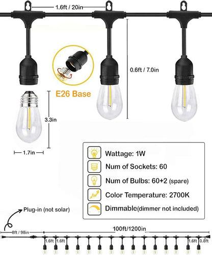 Gmnee 100FT Outdoor String Lights for Patio, Balcony & Porch – 64 LED Edison Bulbs (1.6FT Spacing), Dimmable Heavy-Duty Patio Lights for Backyard, Gazebo, Bistro, Party and Garden Decor (Plug in)