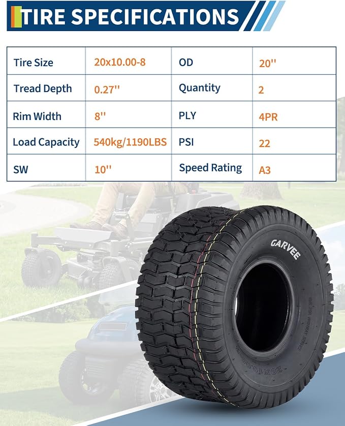 2 Pack 20x10.00-8 Lawn Mower Tires,20x10-8 NHS Off-Highway Tires, 20x10x8 Turf Tires Replacement for Riding Mower Garden Tractor Golf Cart Utility Vehicle,4PR Tubeless