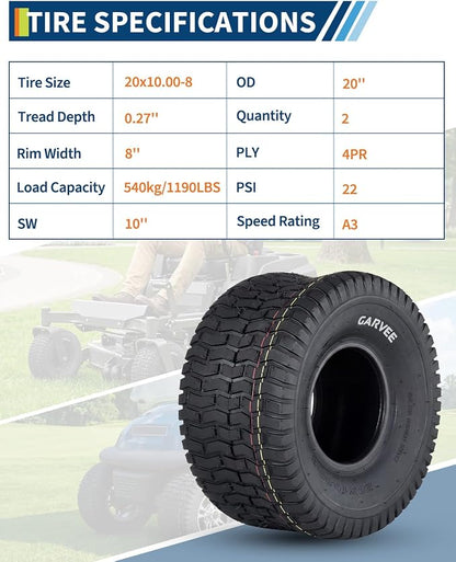 2 Pack 20x10.00-8 Lawn Mower Tires,20x10-8 NHS Off-Highway Tires, 20x10x8 Turf Tires Replacement for Riding Mower Garden Tractor Golf Cart Utility Vehicle,4PR Tubeless