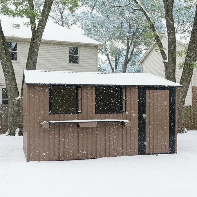 KEIKI 12x10 FT Outdoor Metal Storage Shed with 3 Clear Windows, Walk in Lockable Single Door Heavy Duty Steel Utility Shed Waterproof Rust Resistant Windproof for Backyard Garden Yard, Brown