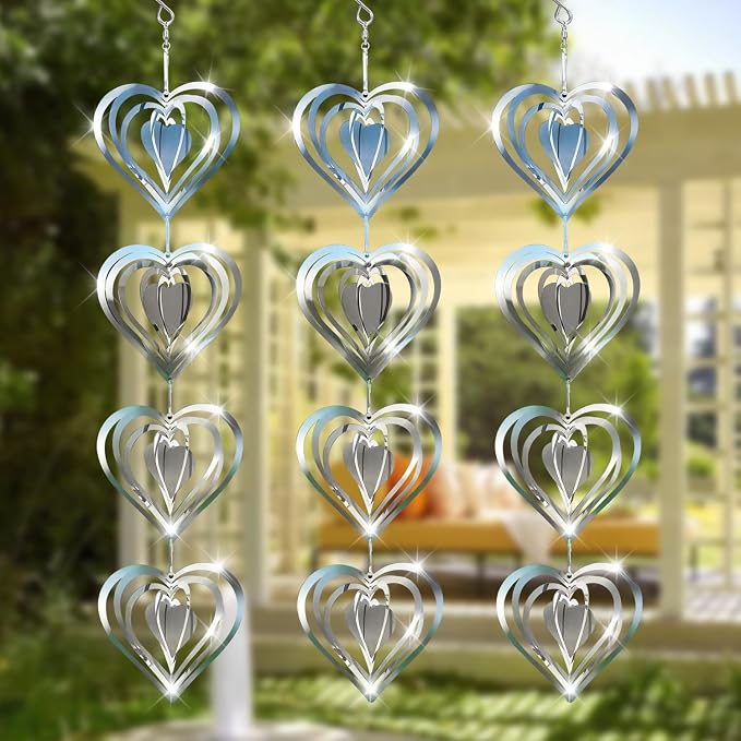 12 Metal Heart Bird Scarer Discs Set, Wind Spinners 3D Helix Reflector Stainless Steel Sparkly Outdoor Garden Decor, Scare Birds & Animals Away from Garden Yard Patio Lawn Farm Wind Sculpture Gifts