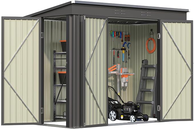 Greesum 8x4FT Outdoor Storage Shed, Metal Shed with Triple Lockable Door, Utility Tool Storaged Garden Shed with Slopping Roof for Patio Storage, Black