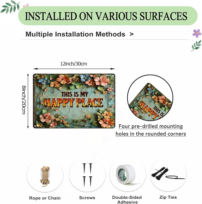 Funny Garden Metal Signs, Vintage Outdoor Wall Decor 12x8 Inch | This is My Happy Place, Weatherproof Aluminum Sign for Patio Yard Greenhouse, Gift For Gardeners