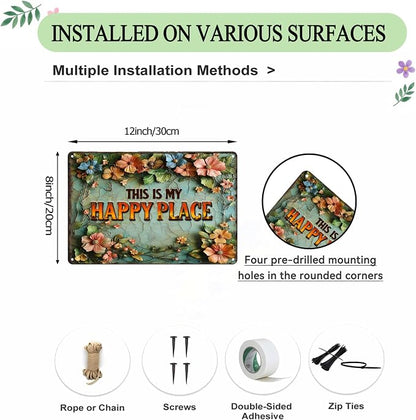 Funny Garden Metal Signs, Vintage Outdoor Wall Decor 12x8 Inch | This is My Happy Place, Weatherproof Aluminum Sign for Patio Yard Greenhouse, Gift For Gardeners